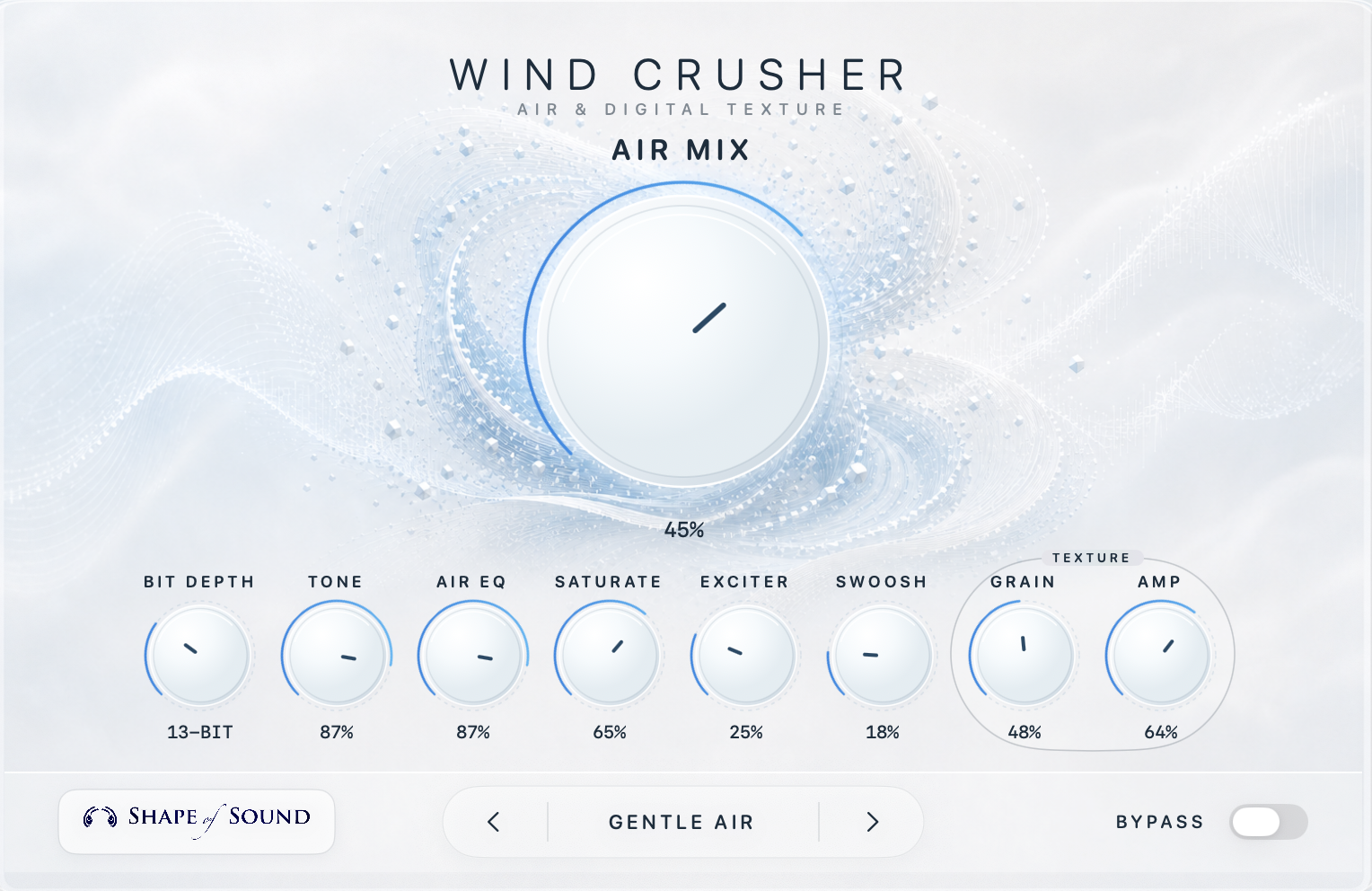 Wind Crusher audio plugin interface with a large Air Mix control